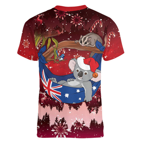 Aussie Festive Koala Christmas Women V-Neck T-Shirt Koala-ty Time Flag Hammock Red Style