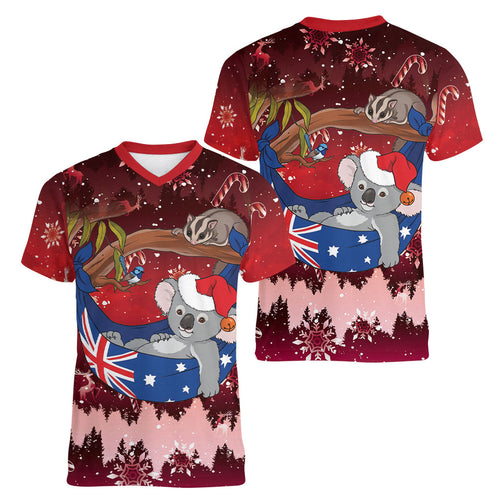 Aussie Festive Koala Christmas Women V-Neck T-Shirt Koala-ty Time Flag Hammock Red Style