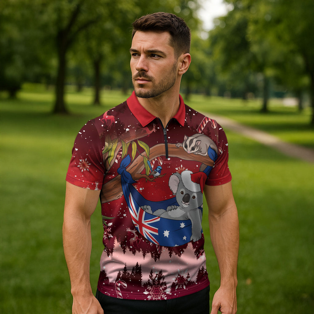 Aussie Festive Koala Christmas Zipper Polo Shirt Koala-ty Time Flag Hammock Red Style