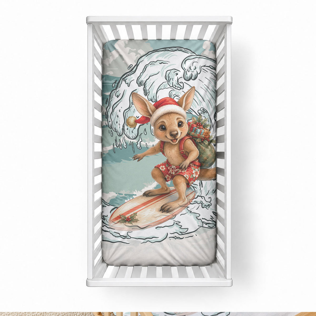 Aussie Festive Wallaby Christmas Baby Bed Cover Surf's up Santa Animal Lover