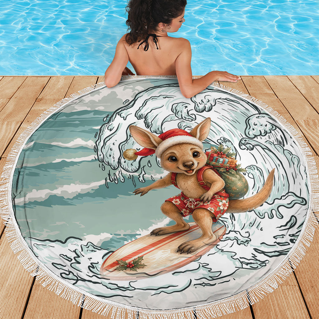 Aussie Festive Wallaby Christmas Beach Blanket Surf's up Santa Animal Lover