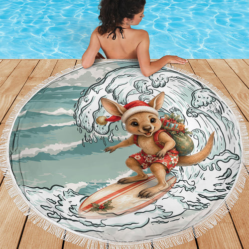 Aussie Festive Wallaby Christmas Beach Blanket Surf's up Santa Animal Lover