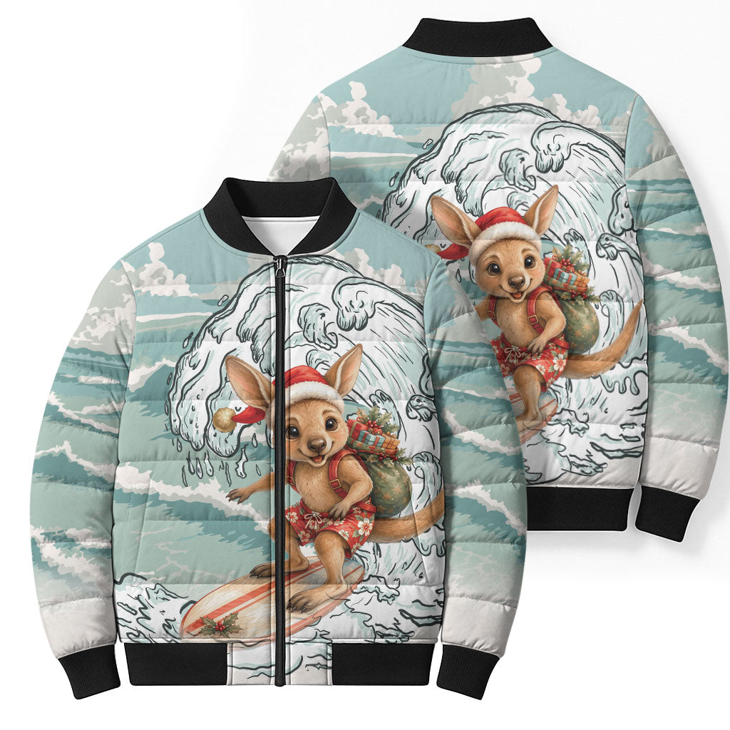 Aussie Festive Wallaby Christmas Bomber Puffer Jacket Surf's up Santa Animal Lover