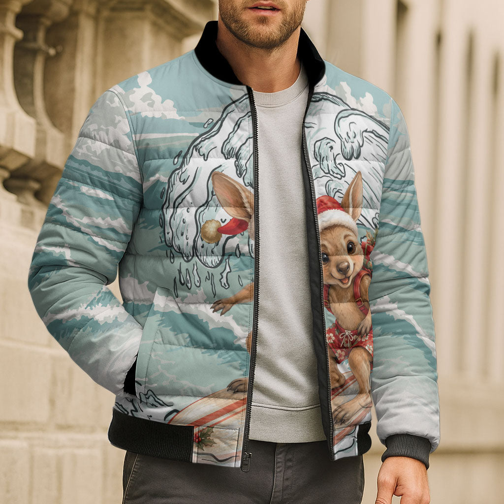Aussie Festive Wallaby Christmas Bomber Puffer Jacket Surf's up Santa Animal Lover