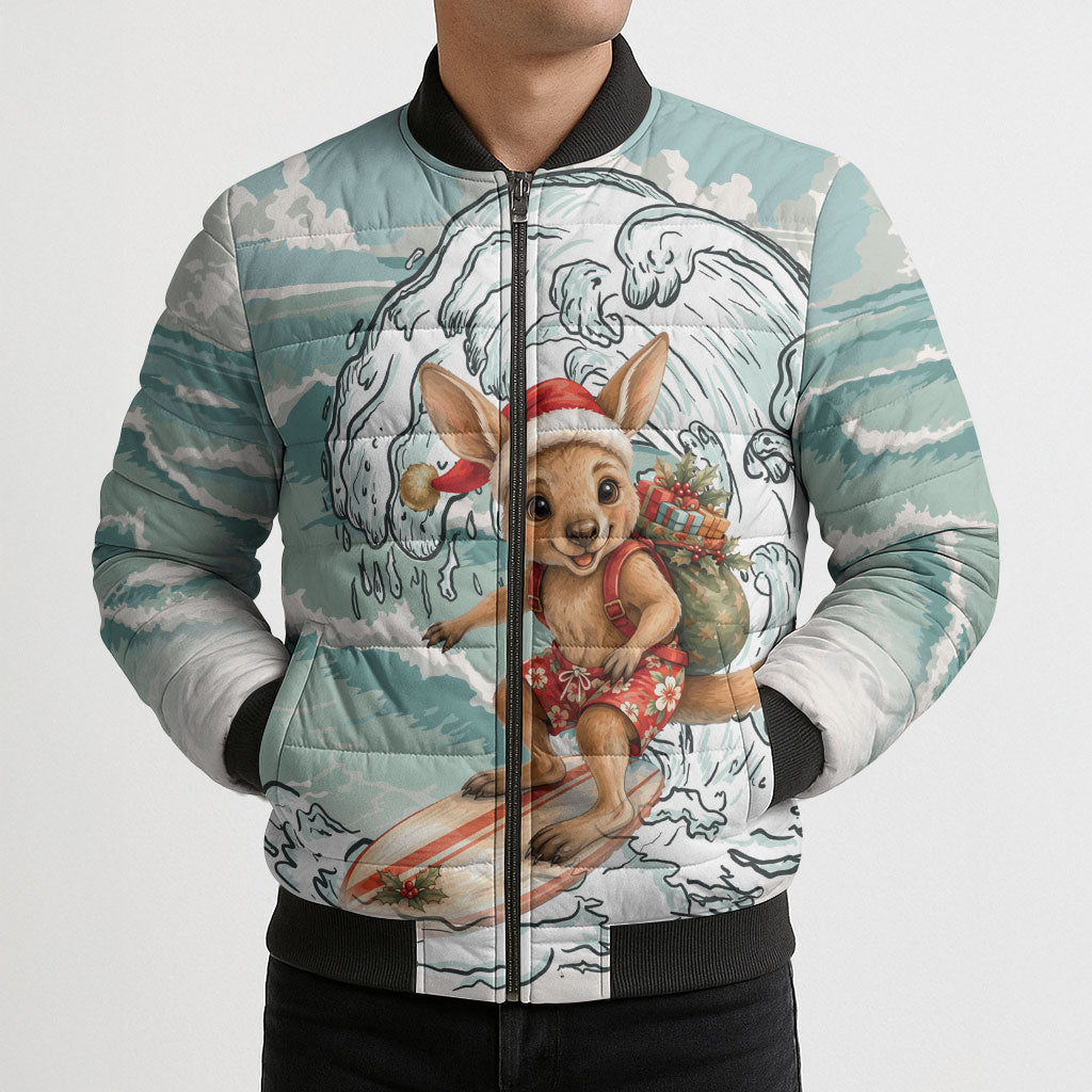 Aussie Festive Wallaby Christmas Bomber Puffer Jacket Surf's up Santa Animal Lover