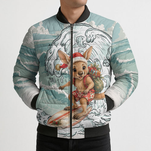 Aussie Festive Wallaby Christmas Bomber Puffer Jacket Surf's up Santa Animal Lover