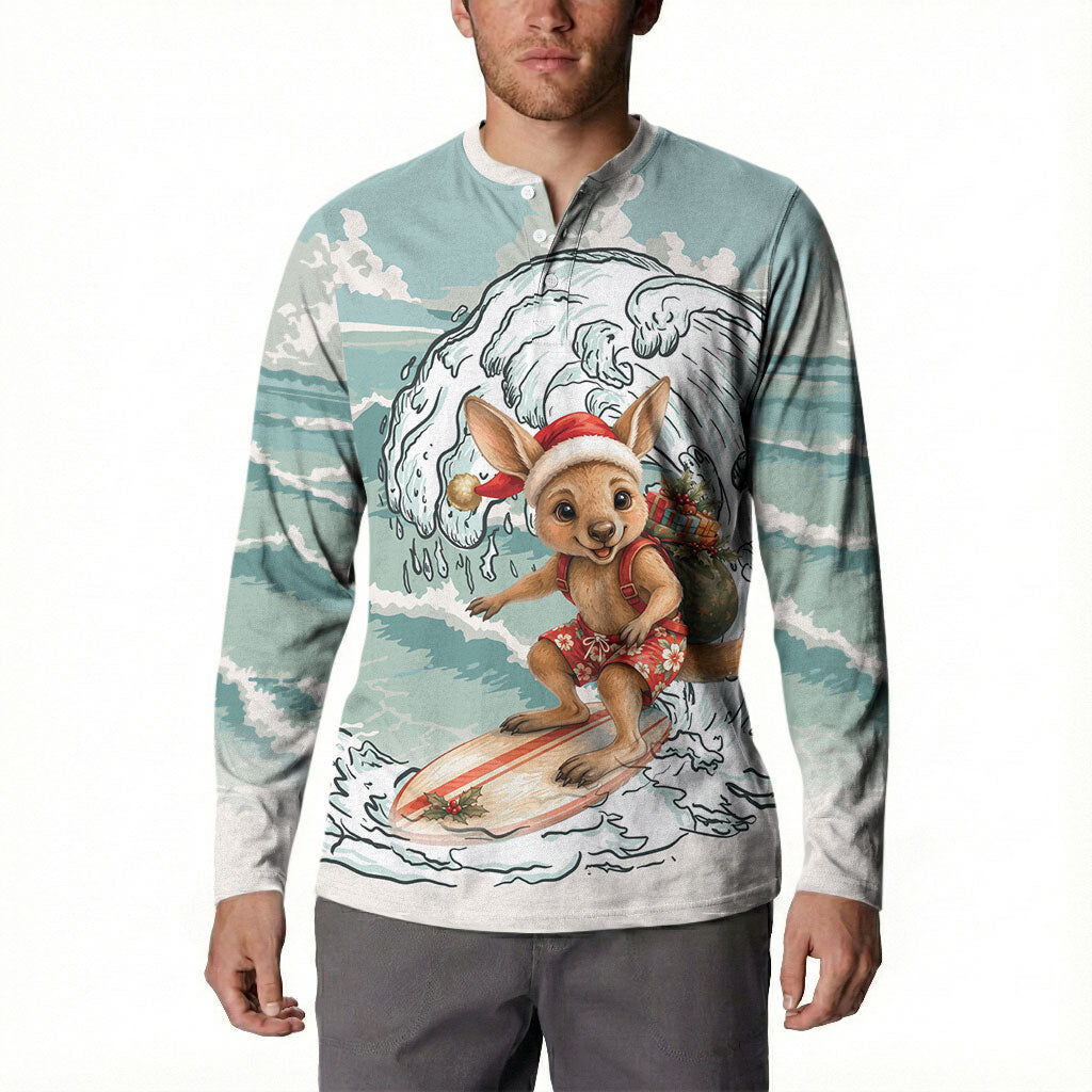 Aussie Festive Wallaby Christmas Button Sweatshirt Surf's up Santa Animal Lover