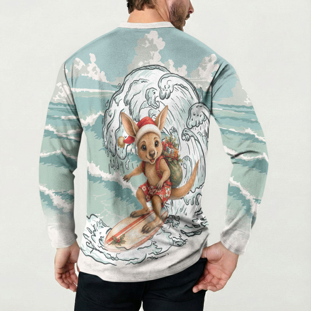 Aussie Festive Wallaby Christmas Button Sweatshirt Surf's up Santa Animal Lover