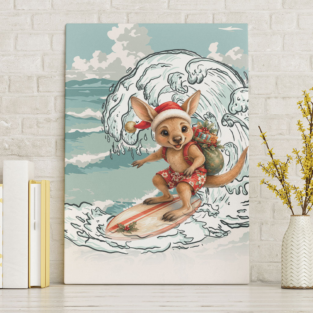 Aussie Festive Wallaby Christmas Canvas Wall Art Surf's up Santa Animal Lover