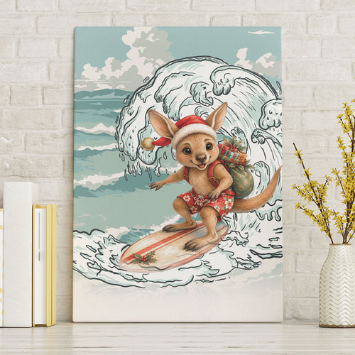 Aussie Festive Wallaby Christmas Canvas Wall Art Surf's up Santa Animal Lover