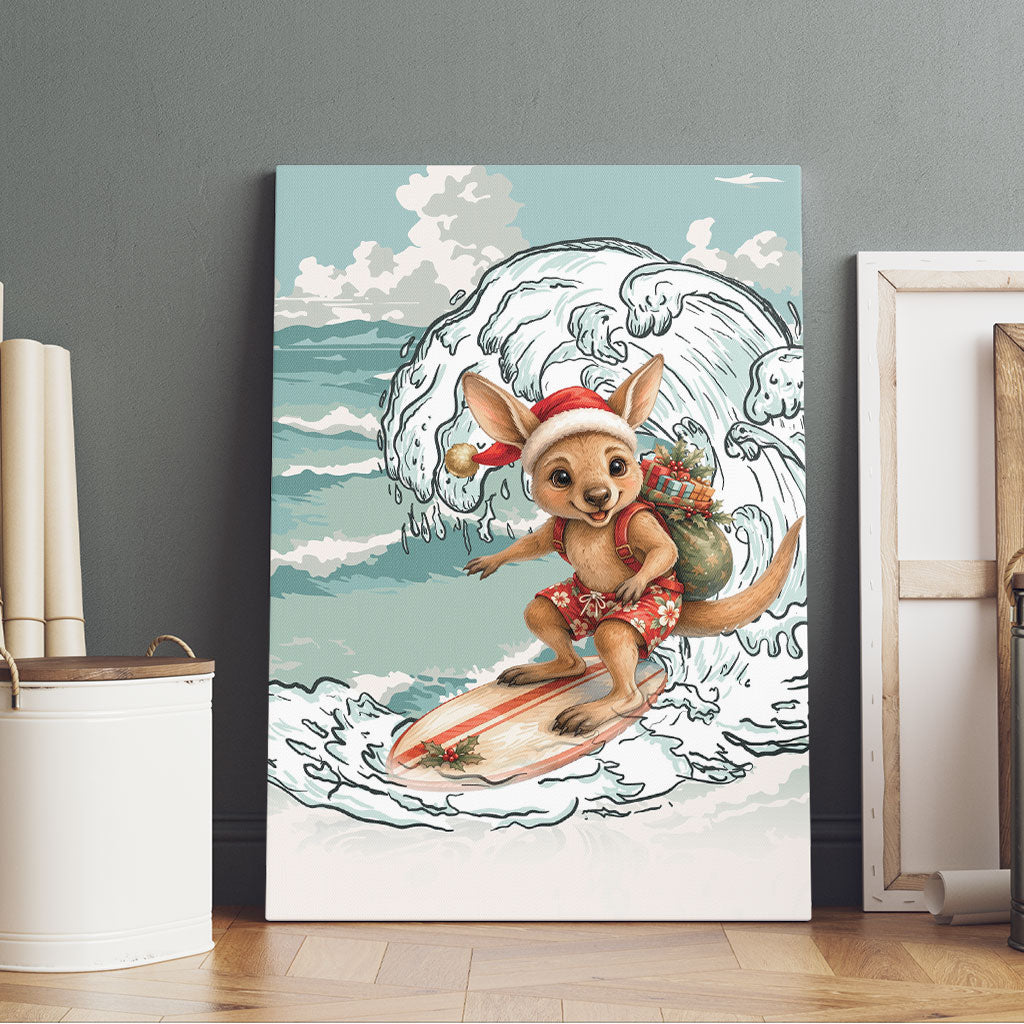 Aussie Festive Wallaby Christmas Canvas Wall Art Surf's up Santa Animal Lover