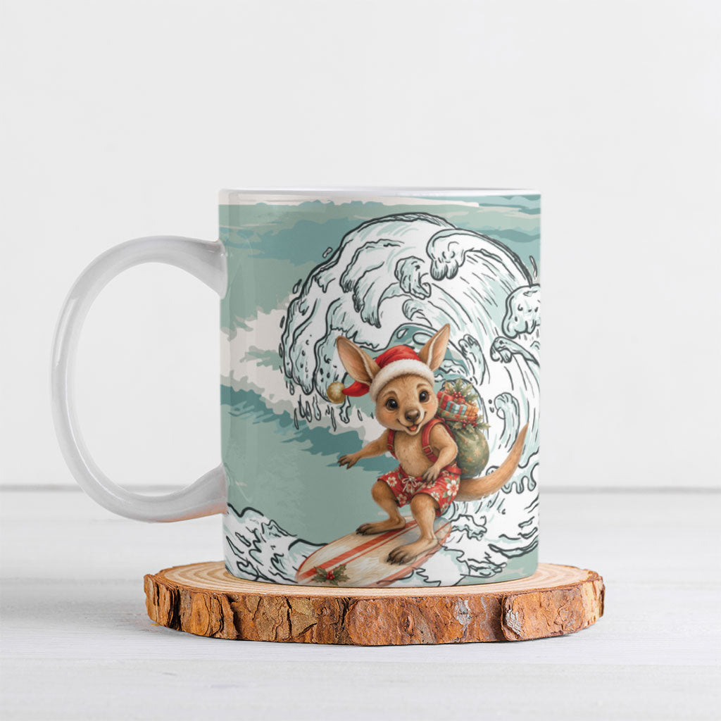 Aussie Festive Wallaby Christmas Ceramic Mug Surf's up Santa Animal Lover