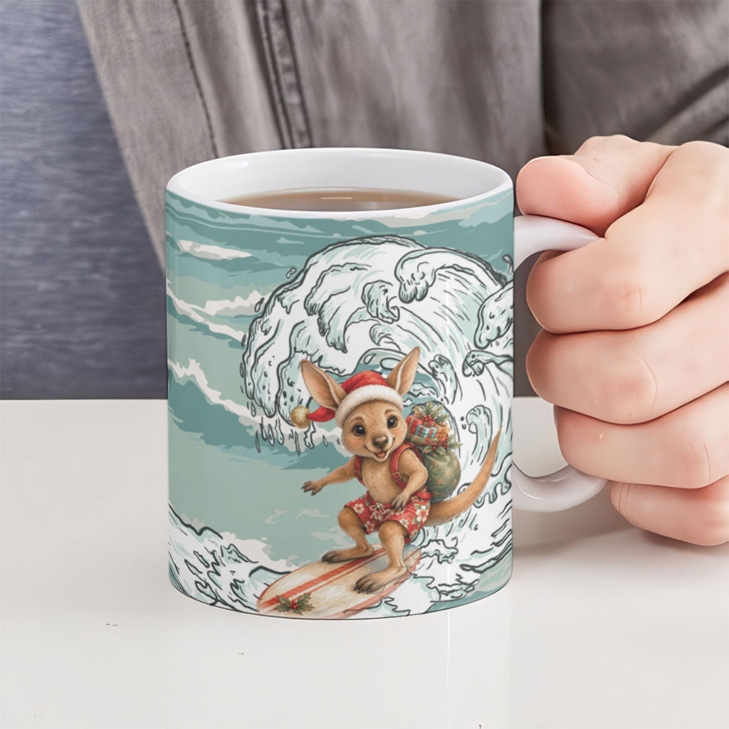 Aussie Festive Wallaby Christmas Ceramic Mug Surf's up Santa Animal Lover