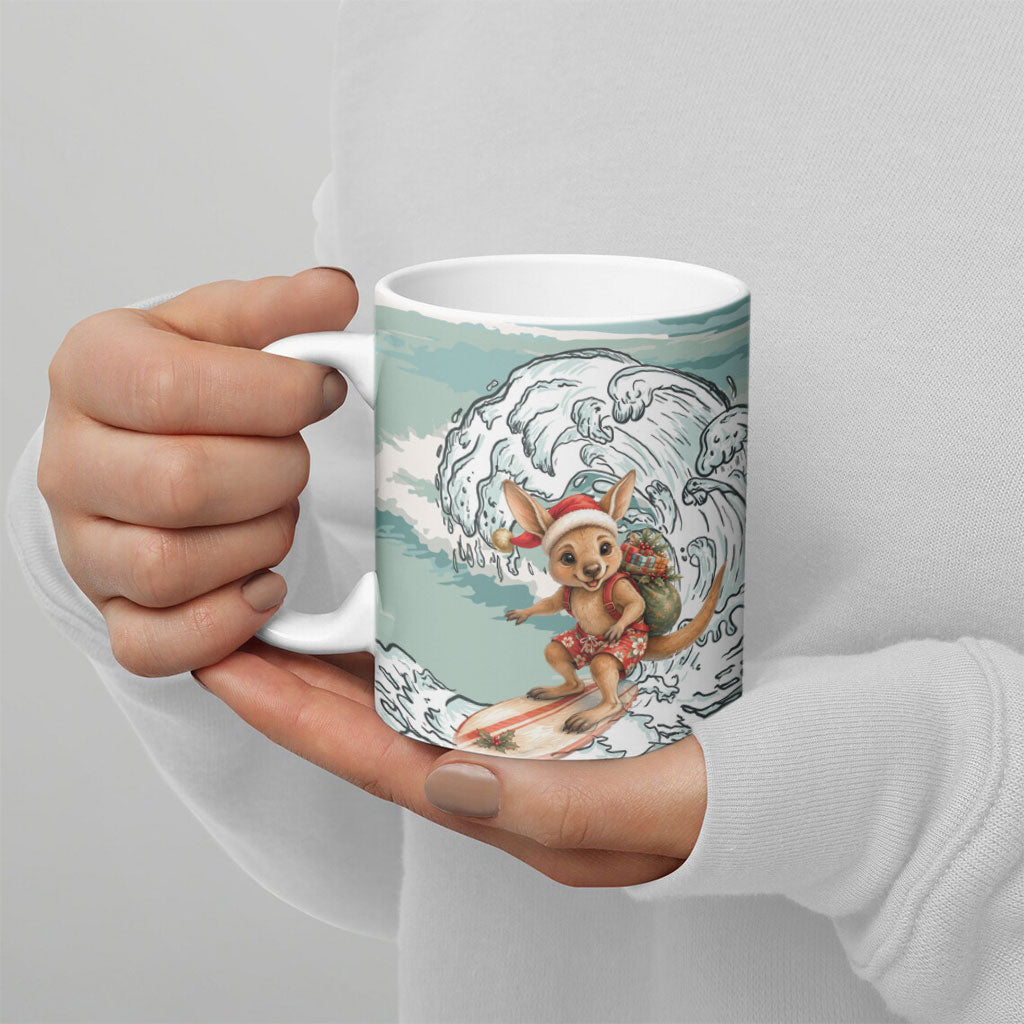 Aussie Festive Wallaby Christmas Ceramic Mug Surf's up Santa Animal Lover