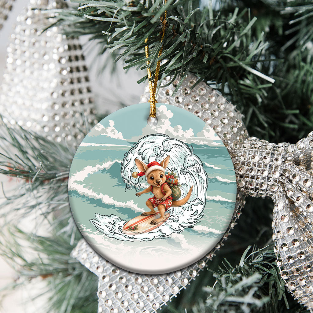 Aussie Festive Wallaby Christmas Ceramic Ornament Surf's up Santa Animal Lover