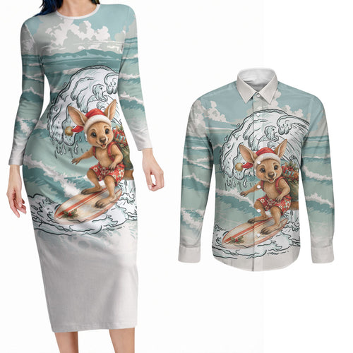 Aussie Festive Wallaby Christmas Couples Matching Long Sleeve Bodycon Dress and Long Sleeve Button Shirt Surf's up Santa Animal Lover