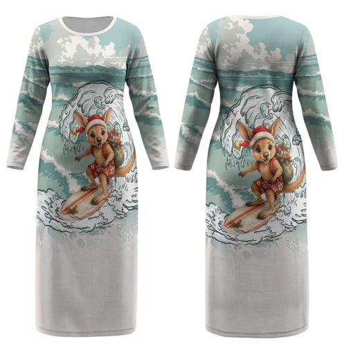 Aussie Festive Wallaby Christmas Couples Matching Long Sleeve Bodycon Dress and Long Sleeve Button Shirt Surf's up Santa Animal Lover
