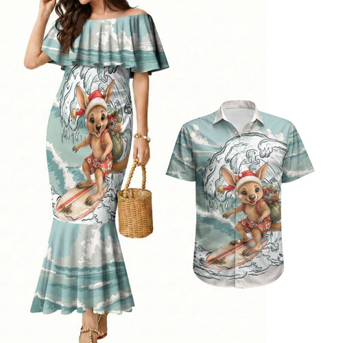Aussie Festive Wallaby Christmas Couples Matching Mermaid Dress and Hawaiian Shirt Surf's up Santa Animal Lover