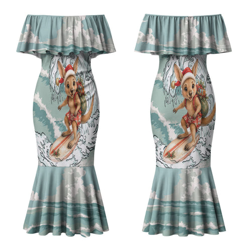 Aussie Festive Wallaby Christmas Couples Matching Mermaid Dress and Hawaiian Shirt Surf's up Santa Animal Lover