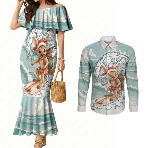 Aussie Festive Wallaby Christmas Couples Matching Mermaid Dress and Long Sleeve Button Shirt Surf's up Santa Animal Lover