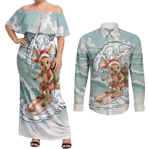 Aussie Festive Wallaby Christmas Couples Matching Off Shoulder Maxi Dress and Long Sleeve Button Shirt Surf's up Santa Animal Lover
