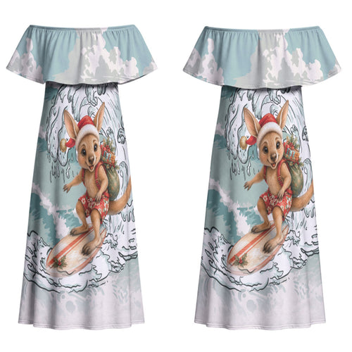 Aussie Festive Wallaby Christmas Couples Matching Off Shoulder Maxi Dress and Long Sleeve Button Shirt Surf's up Santa Animal Lover
