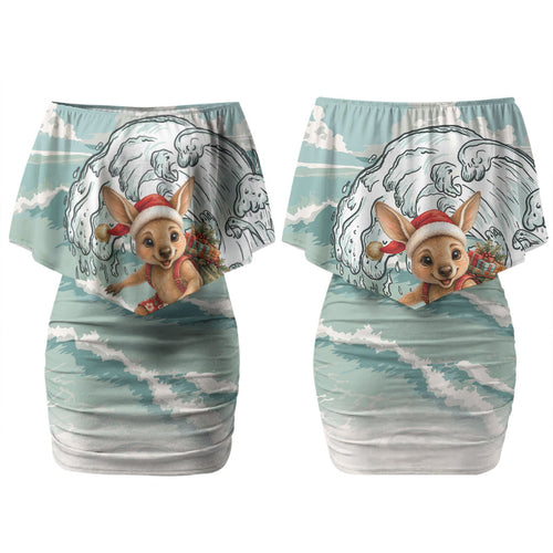 Aussie Festive Wallaby Christmas Couples Matching Off Shoulder Short Dress and Hawaiian Shirt Surf's up Santa Animal Lover