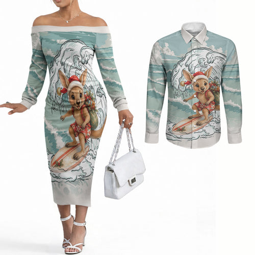 Aussie Festive Wallaby Christmas Couples Matching Off The Shoulder Long Sleeve Dress and Long Sleeve Button Shirt Surf's up Santa Animal Lover