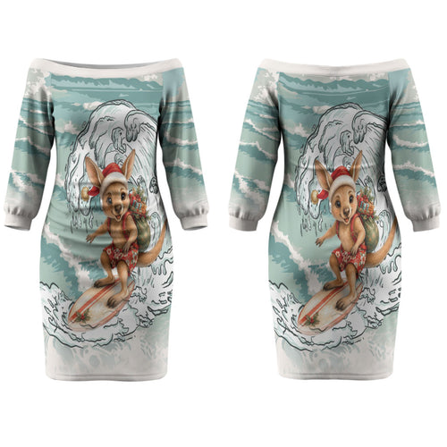 Aussie Festive Wallaby Christmas Couples Matching Off The Shoulder Long Sleeve Dress and Long Sleeve Button Shirt Surf's up Santa Animal Lover