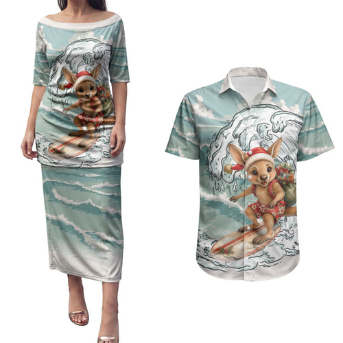 Aussie Festive Wallaby Christmas Couples Matching Puletasi and Hawaiian Shirt Surf's up Santa Animal Lover