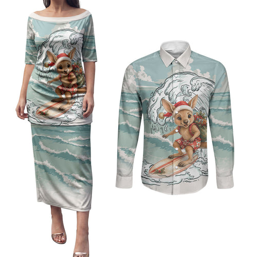 Aussie Festive Wallaby Christmas Couples Matching Puletasi and Long Sleeve Button Shirt Surf's up Santa Animal Lover