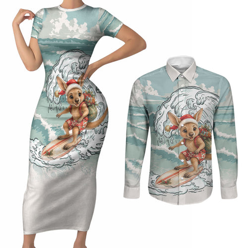 Aussie Festive Wallaby Christmas Couples Matching Short Sleeve Bodycon Dress and Long Sleeve Button Shirt Surf's up Santa Animal Lover