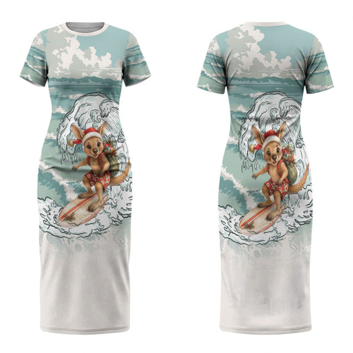 Aussie Festive Wallaby Christmas Couples Matching Short Sleeve Bodycon Dress and Long Sleeve Button Shirt Surf's up Santa Animal Lover