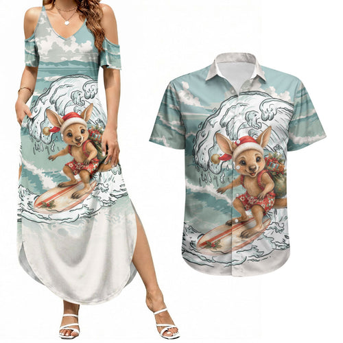Aussie Festive Wallaby Christmas Couples Matching Summer Maxi Dress and Hawaiian Shirt Surf's up Santa Animal Lover