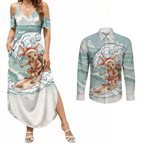Aussie Festive Wallaby Christmas Couples Matching Summer Maxi Dress and Long Sleeve Button Shirt Surf's up Santa Animal Lover