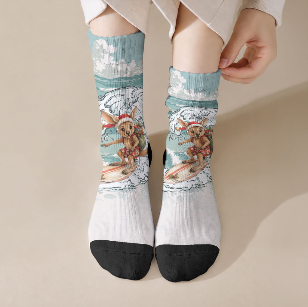 Aussie Festive Wallaby Christmas Crew Socks Surf's up Santa Animal Lover