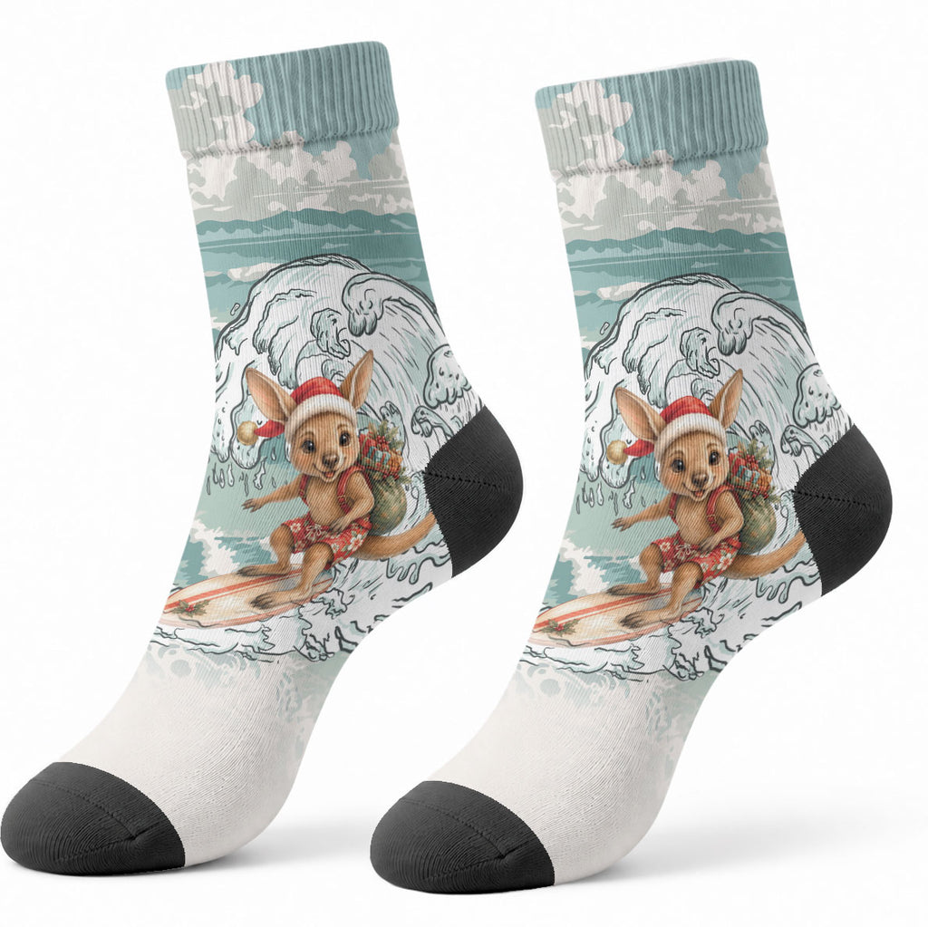Aussie Festive Wallaby Christmas Crew Socks Surf's up Santa Animal Lover