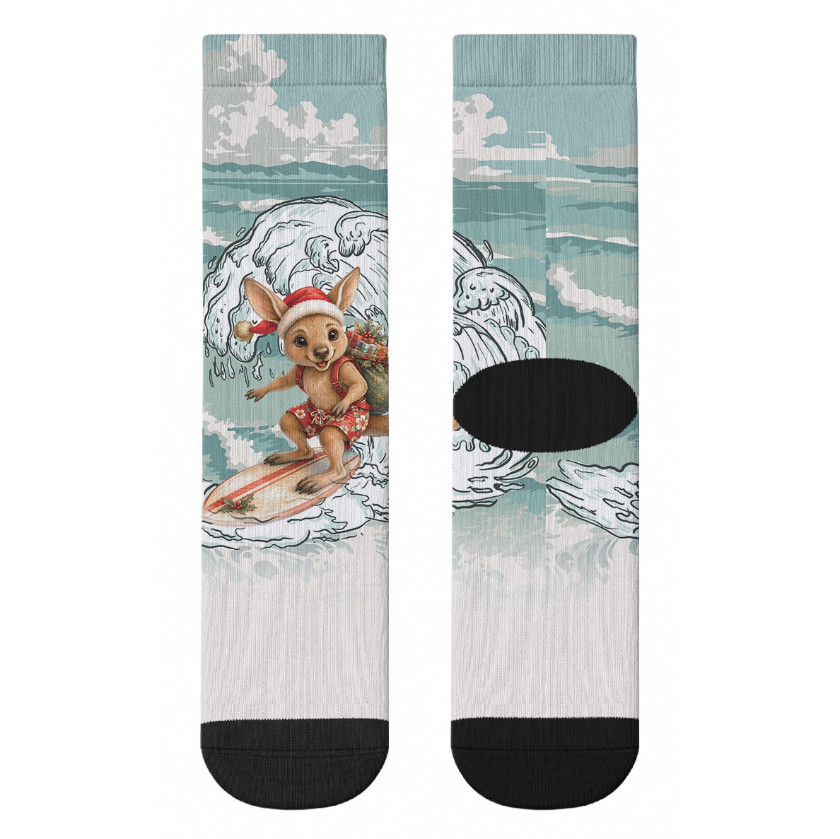 Aussie Festive Wallaby Christmas Crew Socks Surf's up Santa Animal Lover
