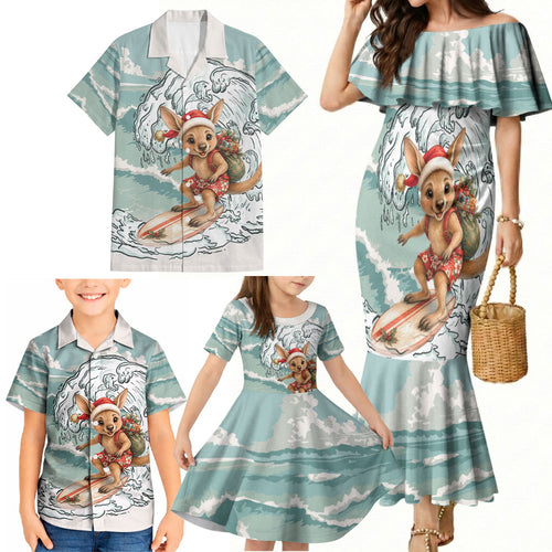 Aussie Festive Wallaby Christmas Family Matching Mermaid Dress and Hawaiian Shirt Surf's up Santa Animal Lover