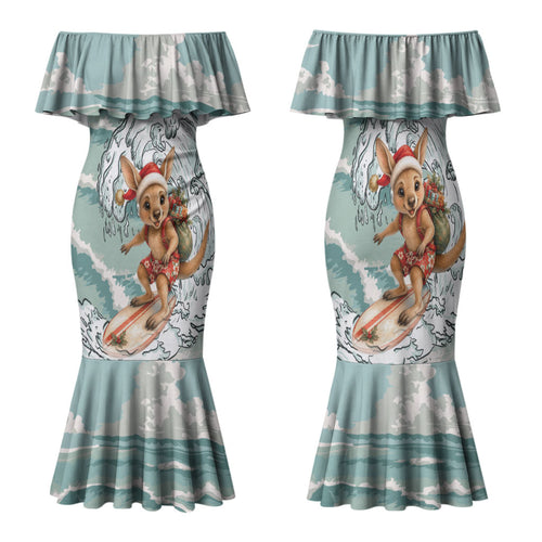 Aussie Festive Wallaby Christmas Family Matching Mermaid Dress and Hawaiian Shirt Surf's up Santa Animal Lover
