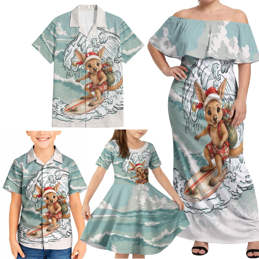 Aussie Festive Wallaby Christmas Family Matching Off Shoulder Maxi Dress and Hawaiian Shirt Surf's up Santa Animal Lover
