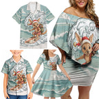 Aussie Festive Wallaby Christmas Family Matching Off Shoulder Short Dress and Hawaiian Shirt Surf's up Santa Animal Lover