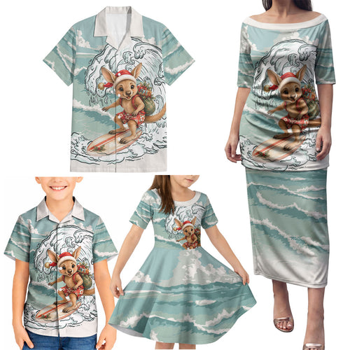 Aussie Festive Wallaby Christmas Family Matching Puletasi and Hawaiian Shirt Surf's up Santa Animal Lover