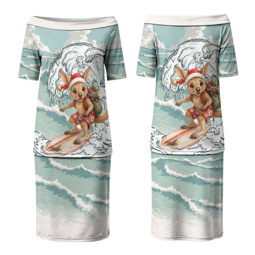Aussie Festive Wallaby Christmas Family Matching Puletasi and Hawaiian Shirt Surf's up Santa Animal Lover
