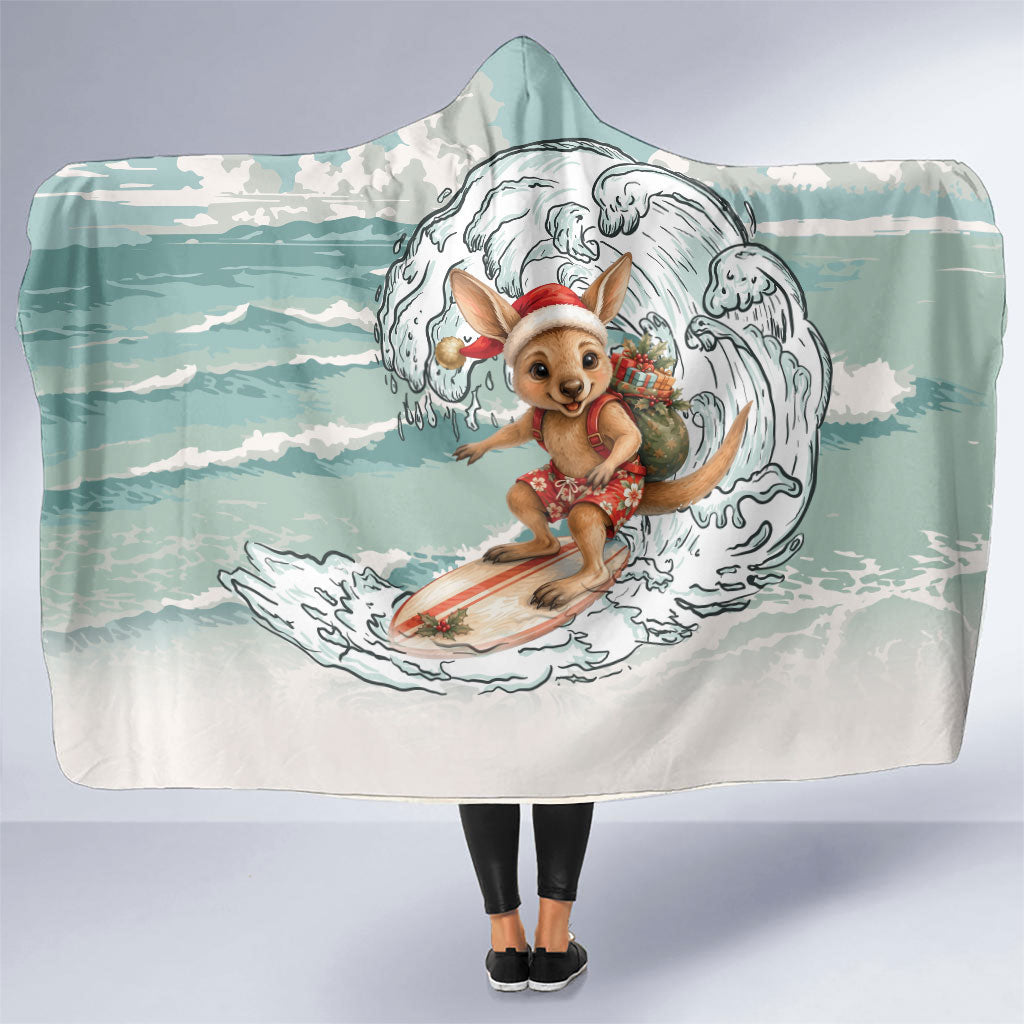 Aussie Festive Wallaby Christmas Hooded Blanket Surf's up Santa Animal Lover