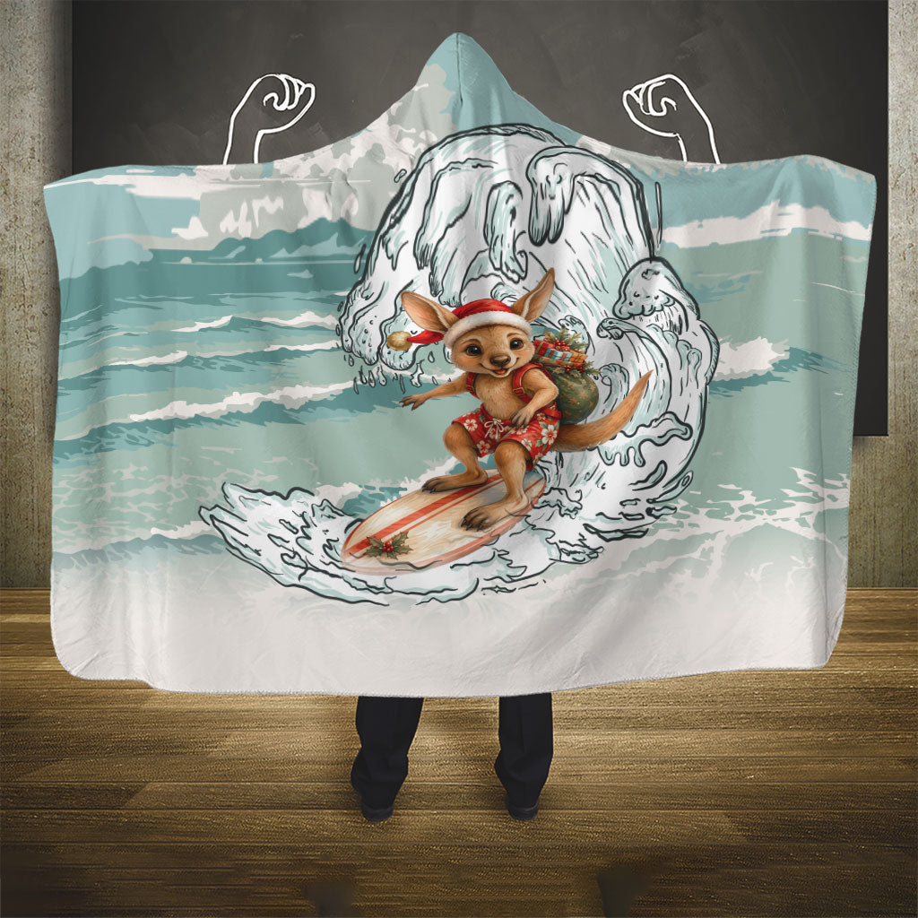 Aussie Festive Wallaby Christmas Hooded Blanket Surf's up Santa Animal Lover