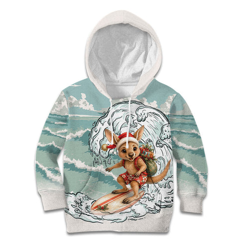 Aussie Festive Wallaby Christmas Kid Hoodie Surf's up Santa Animal Lover