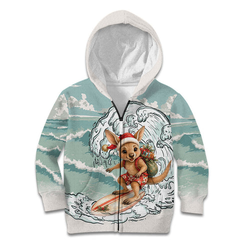 Aussie Festive Wallaby Christmas Kid Hoodie Surf's up Santa Animal Lover