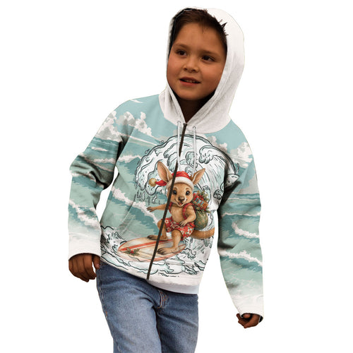 Aussie Festive Wallaby Christmas Kid Hoodie Surf's up Santa Animal Lover