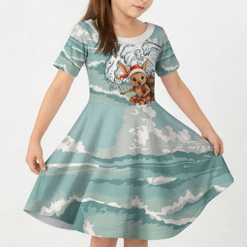 Aussie Festive Wallaby Christmas Kid Short Sleeve Dress Surf's up Santa Animal Lover